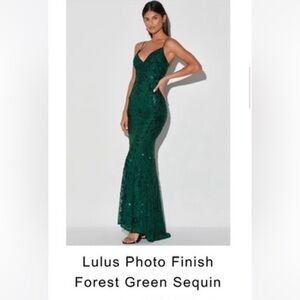 LULUs Photo Finish Forest Green Sequin Lace-Up Maxi Dress